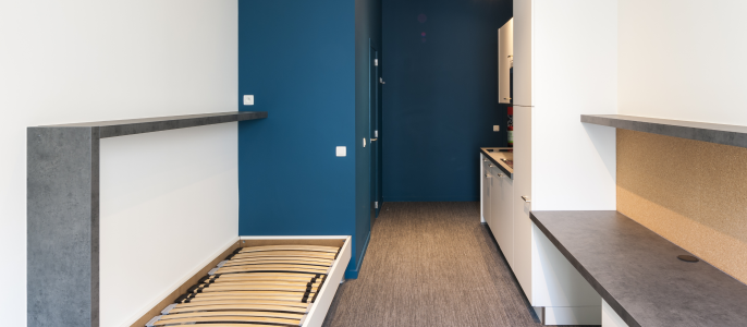 Upstudio voor 1 persoon in het studentenproject Baudelo Upkot Gent.